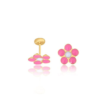 18K Gold Layered Oro Laminado Pink White Enamel Flower Design Plugs Kids Earrings Wholesale 21.0117/7